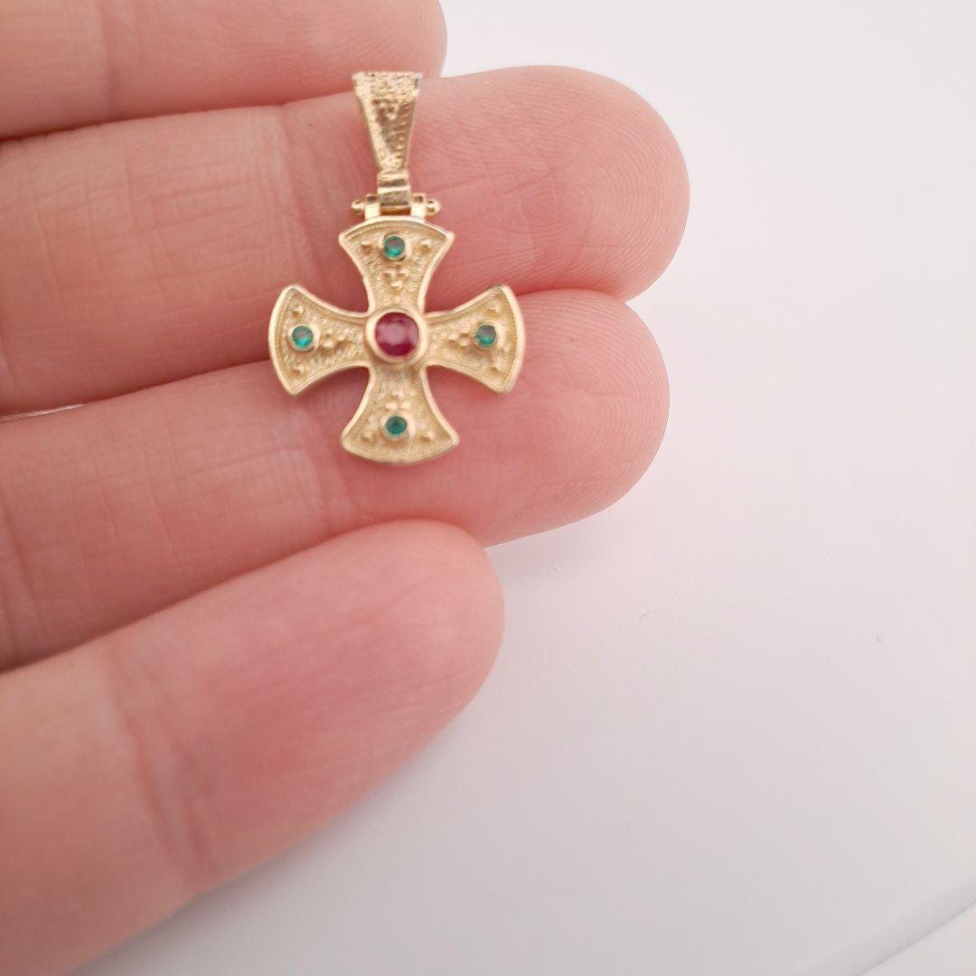 Gold Plated Cross Pendant – Byzantine Red Green Gemstone Antique Greek Charm