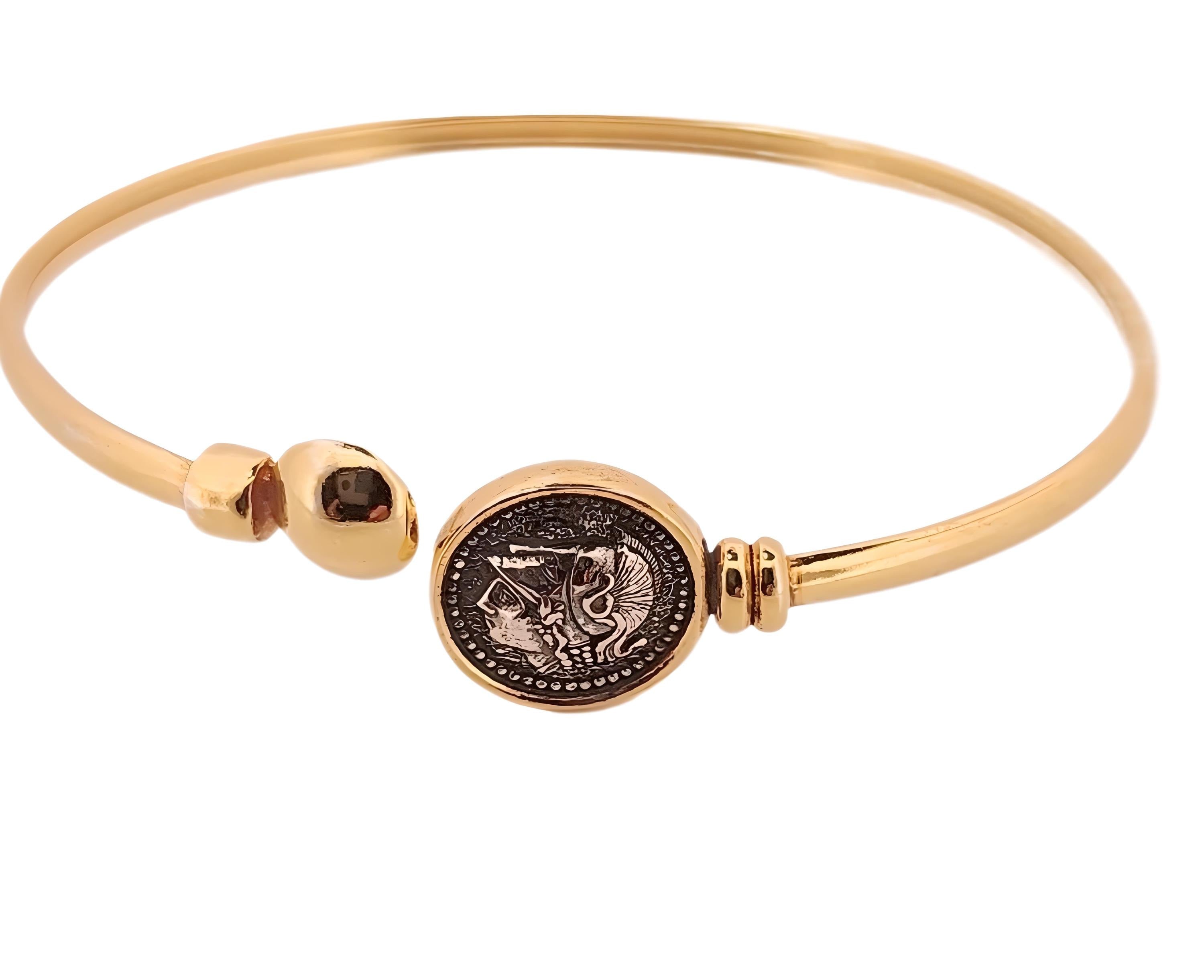 Gold Plated Athena Bangle Bracelet: Ancient Greek Coin Medallion