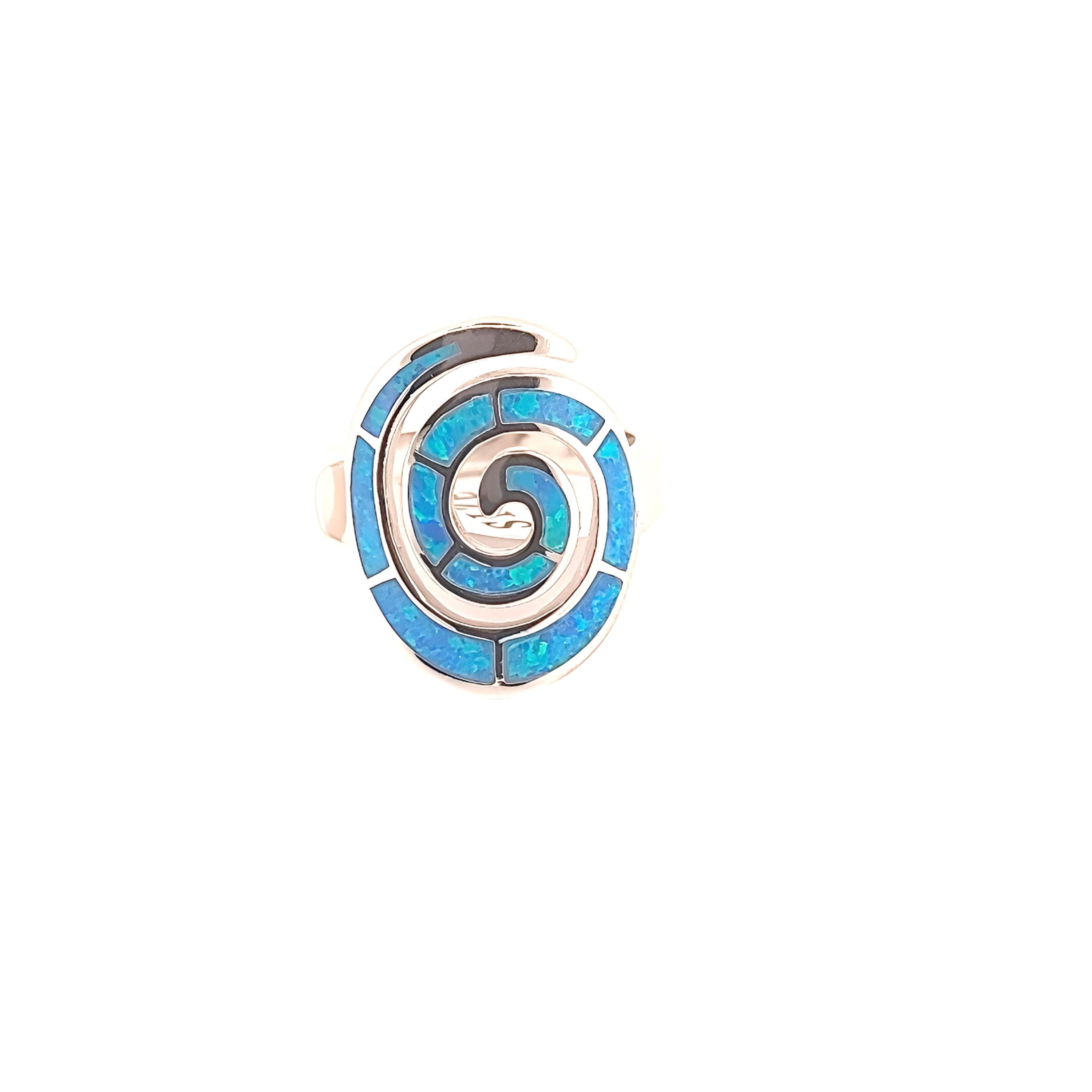 Blue Opal Silver Ring, Greek Key Spiral Design, Statement Ring