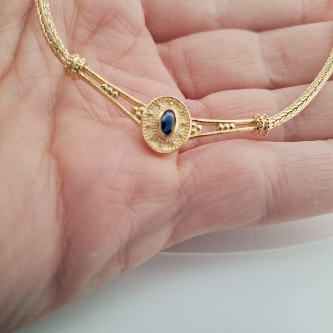 Gold Plated Byzantine Necklace – Blue Oval Gemstone Woven Chain, Antique Inspired Jewelry