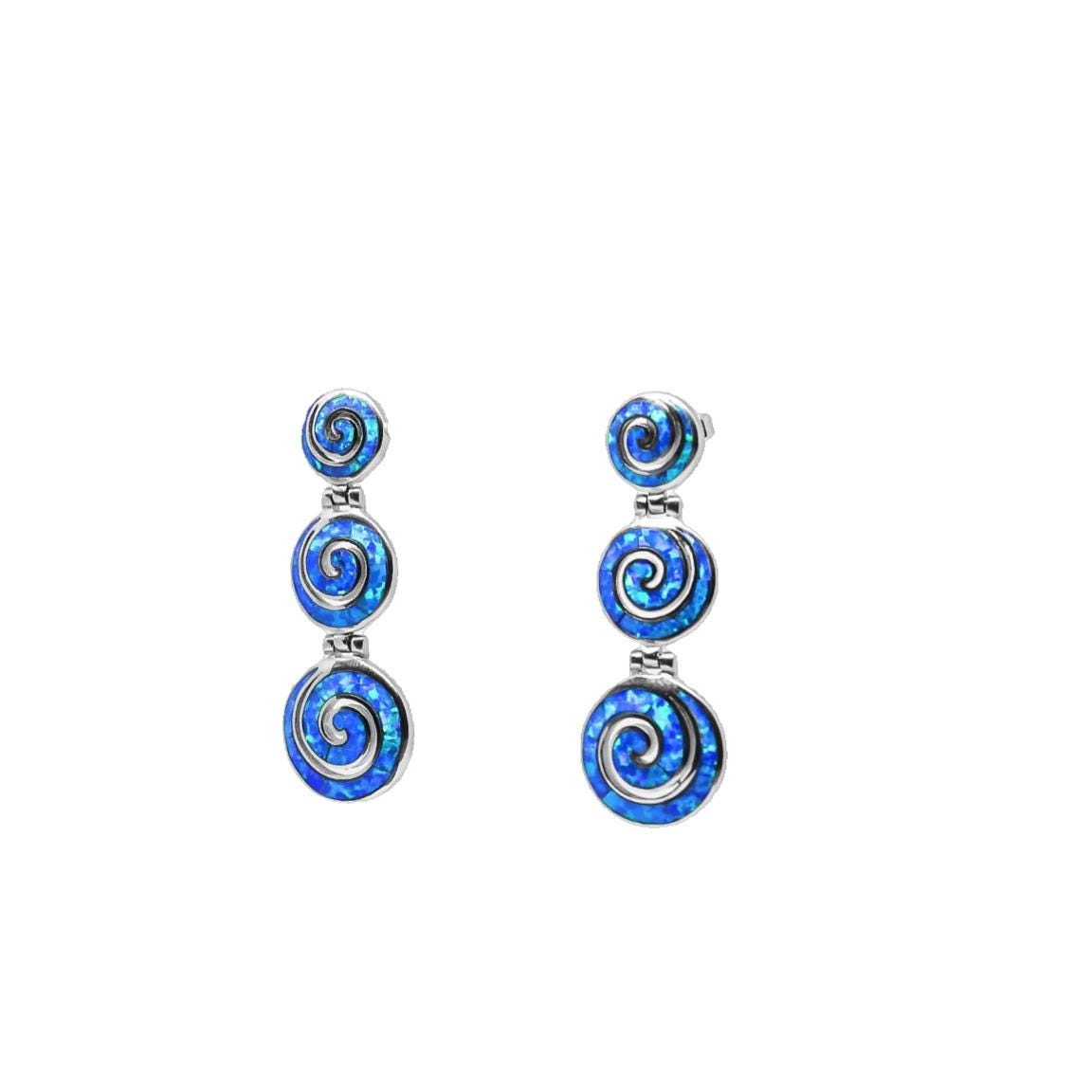 Blue Opal Sterling Silver Spiral Earrings: Greek Key Dangle