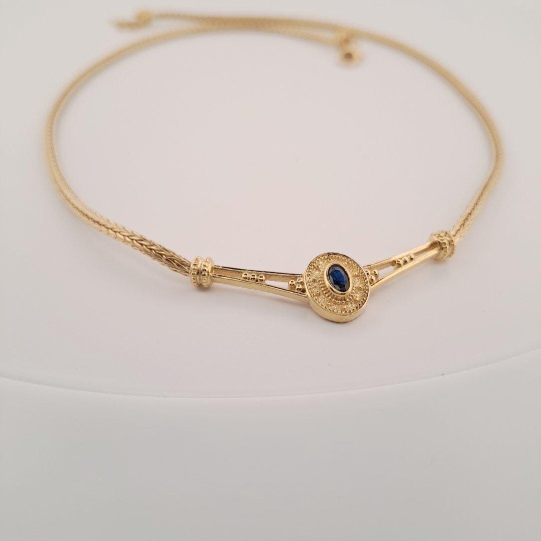 Gold Plated Byzantine Necklace – Blue Oval Gemstone Woven Chain, Antique Inspired Jewelry