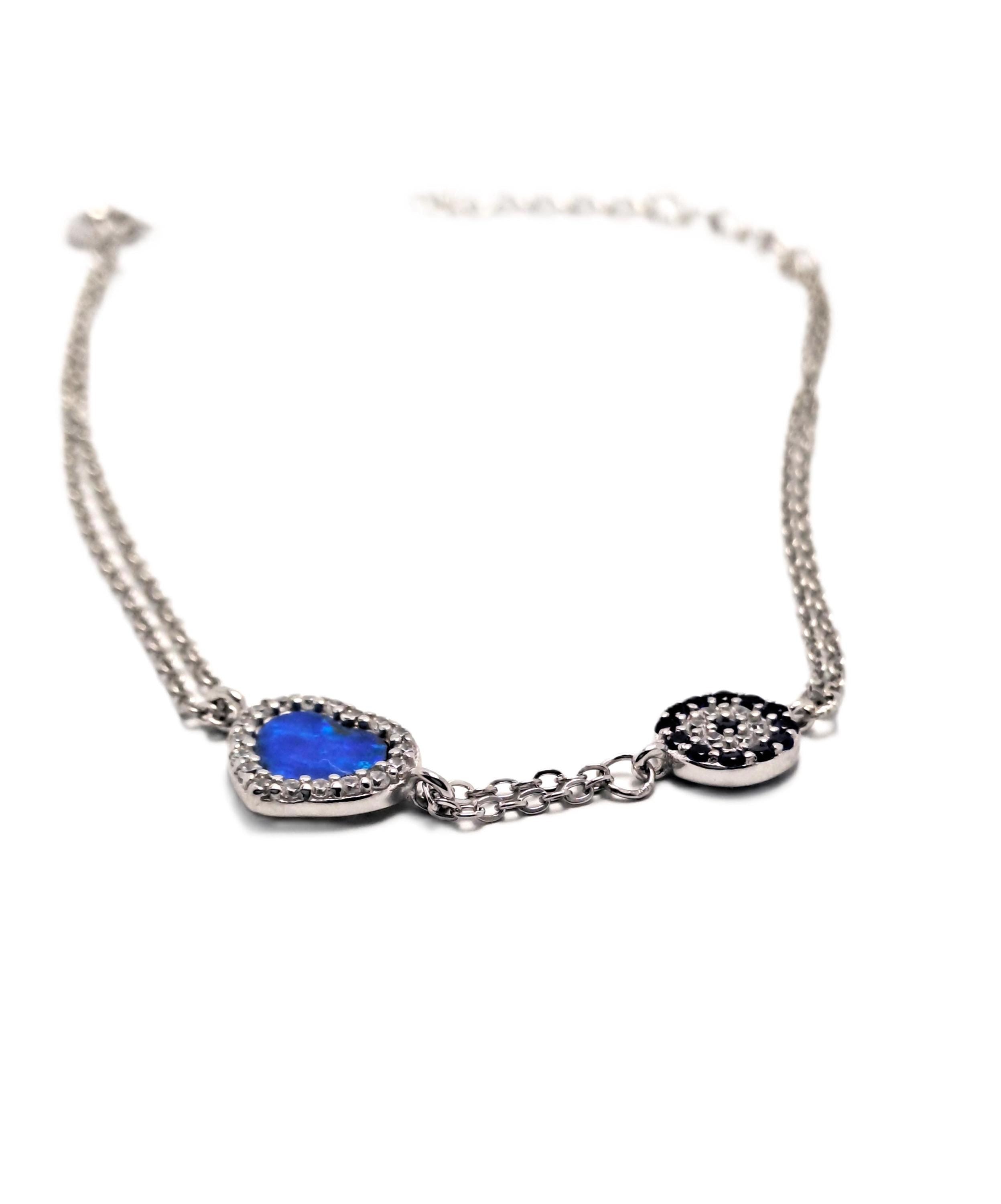 Blue Opal Bracelet – Sterling Silver Heart Shape Jewelry With Evil Eye Protection Charm