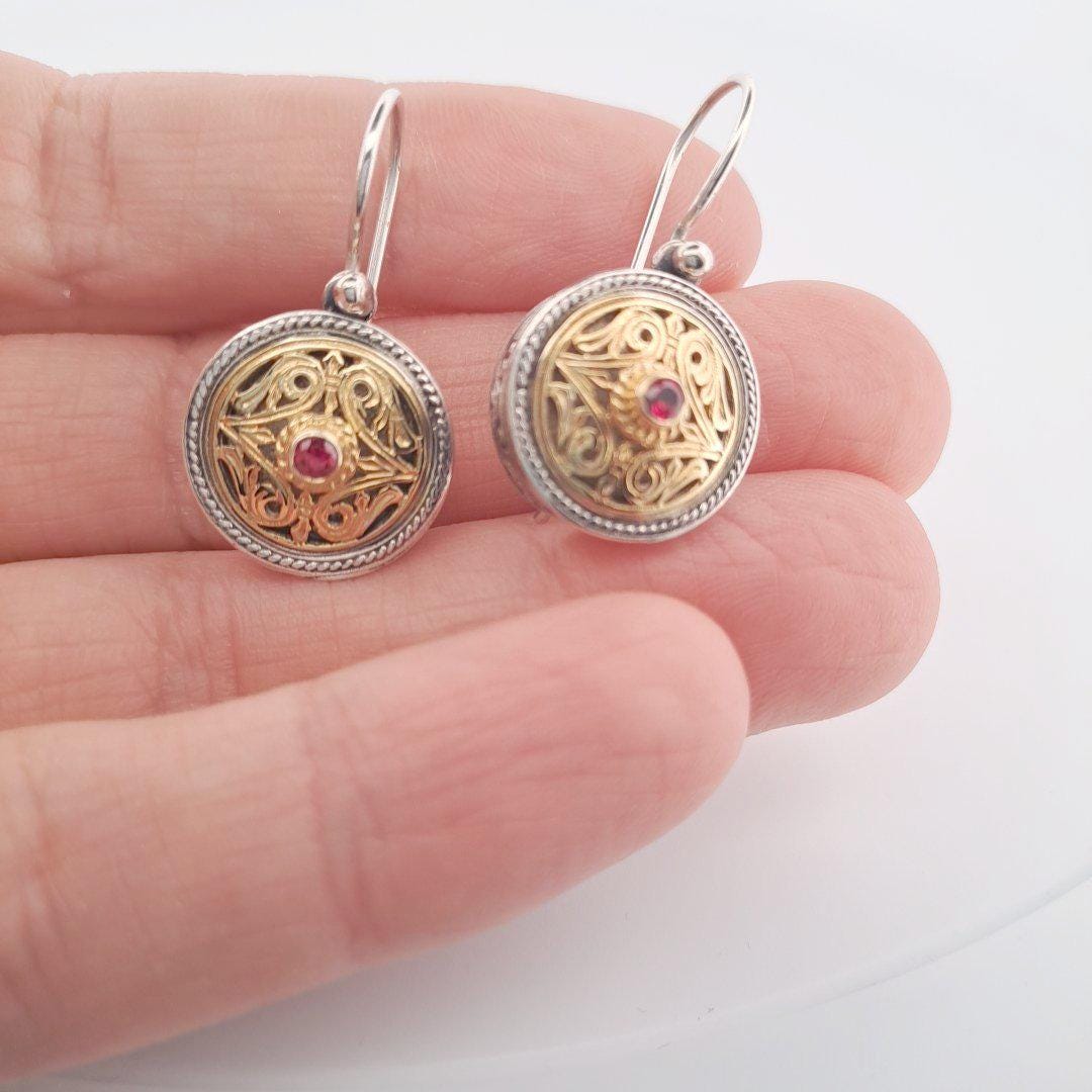 Gold Plated Ruby Earrings – Two Tone Byzantine Style Dangle With Filigree Design