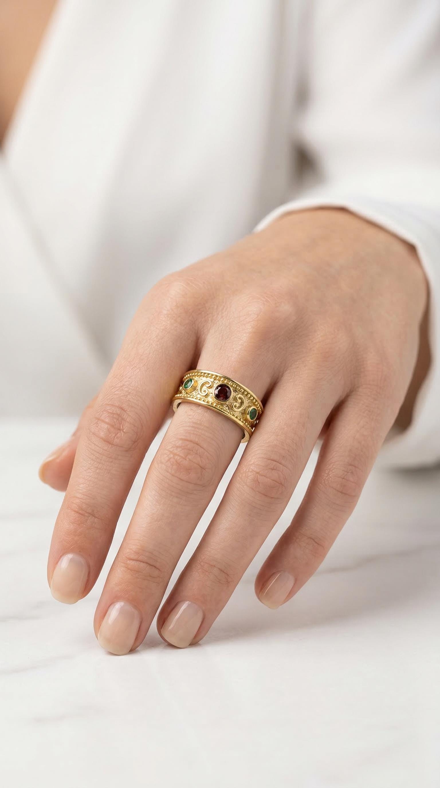 Byzantine Filigree Ring – Gold Statement Band with Red & Green Zircon Jewelry