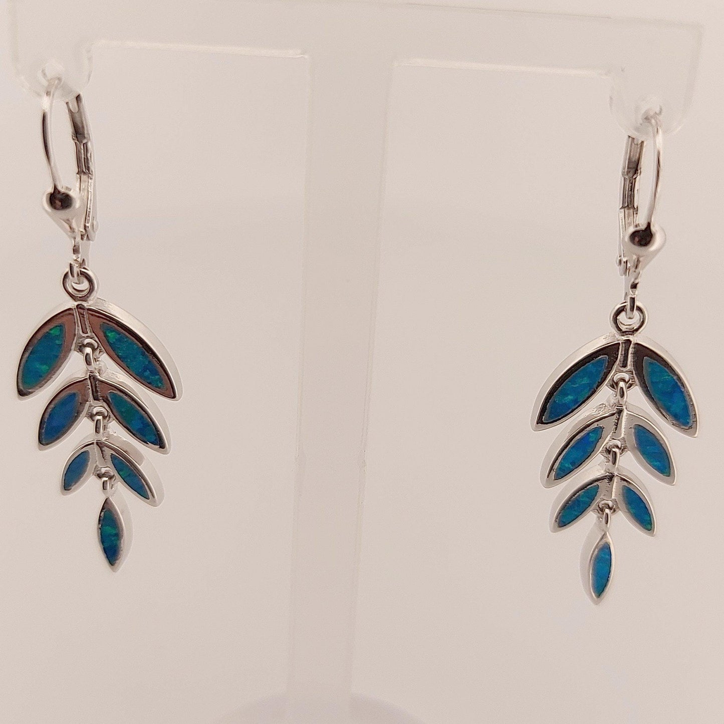 Silver Blue Opal Leaf Dangle Earrings, Greek Inspired Olive Branch Design