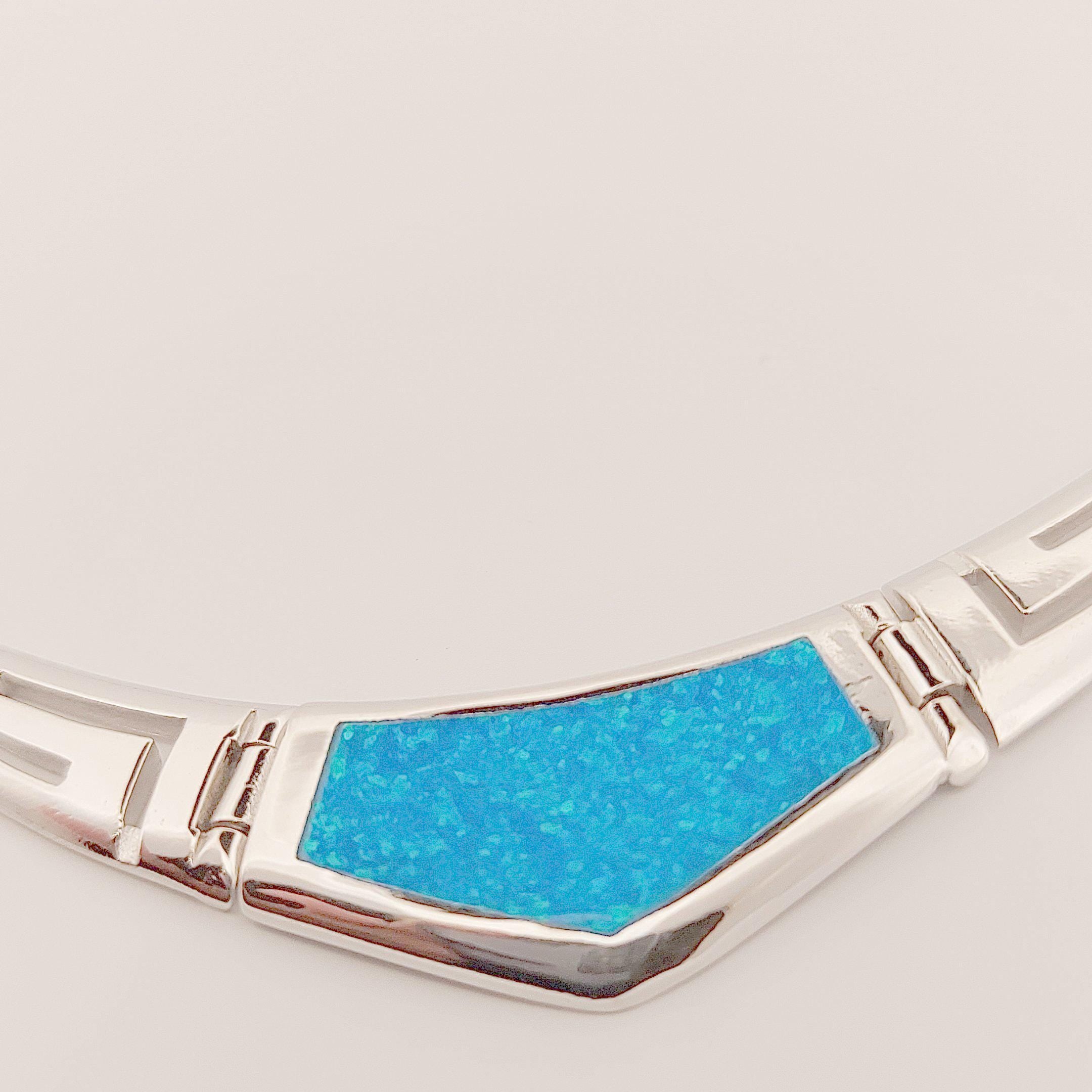 Sterling Silver Blue Opal Necklace with Greek Key Meander Design