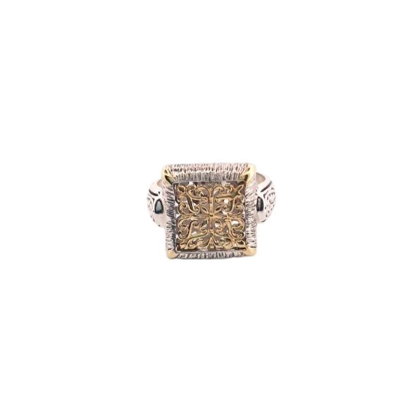 Byzantine Style Ring - Ornate Filigree Design Two Tone Square Face Band