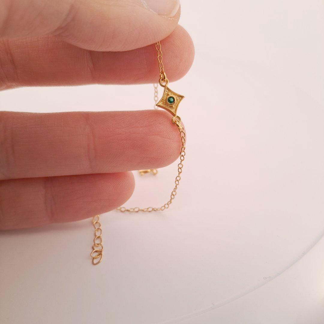 Byzantine Bracelet - Gold Plated Chain Sterling Silver Jewelry With Emerald Charm