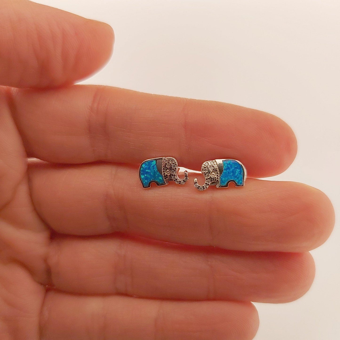 Blue Opal Elephant Stud Earrings: Sterling Silver Animal Jewelry
