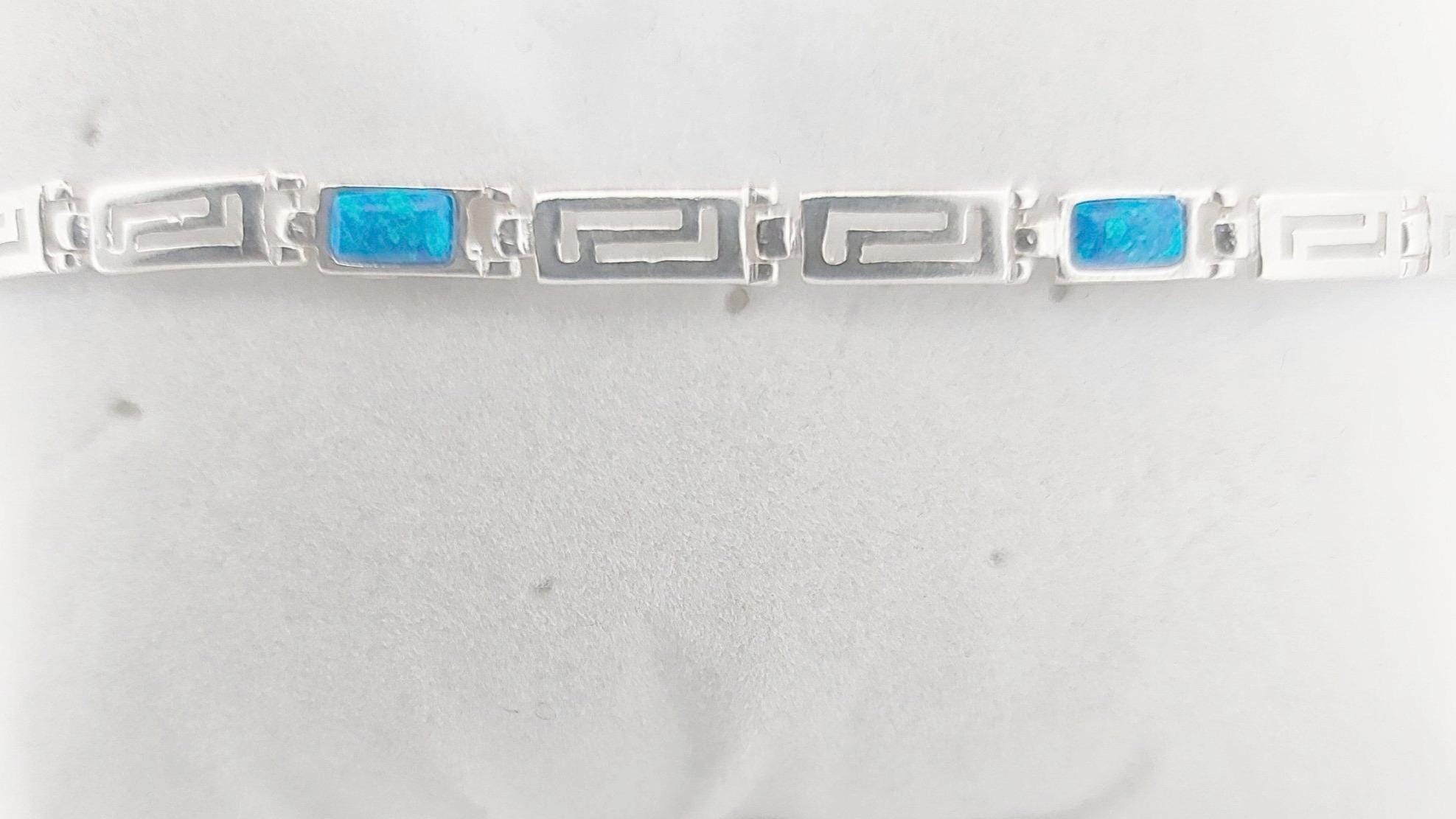 Greek Key Blue Opal Silver Bracelet, Meander Design