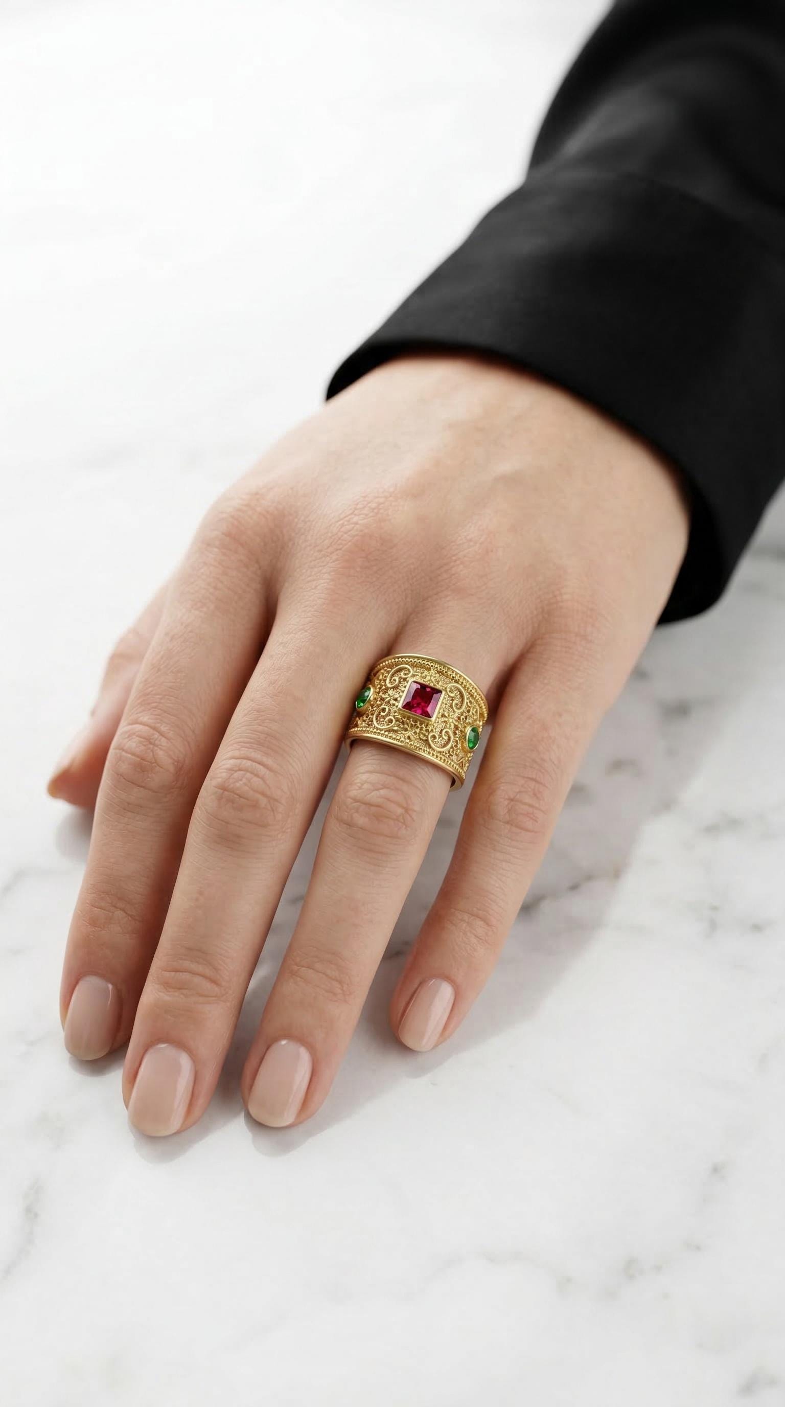 Byzantine Filigree Ring – Gold Tone Adjustable Cuff With Red & Green Zircon
