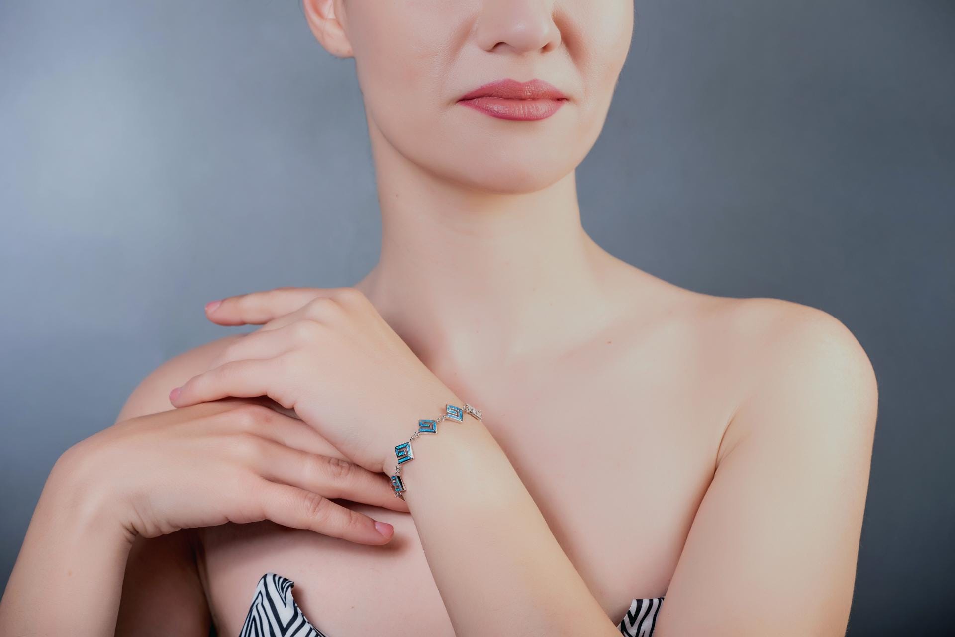 Greek Key Blue Opal Sterling Silver Bracelet, Meander Design, 925 Silver