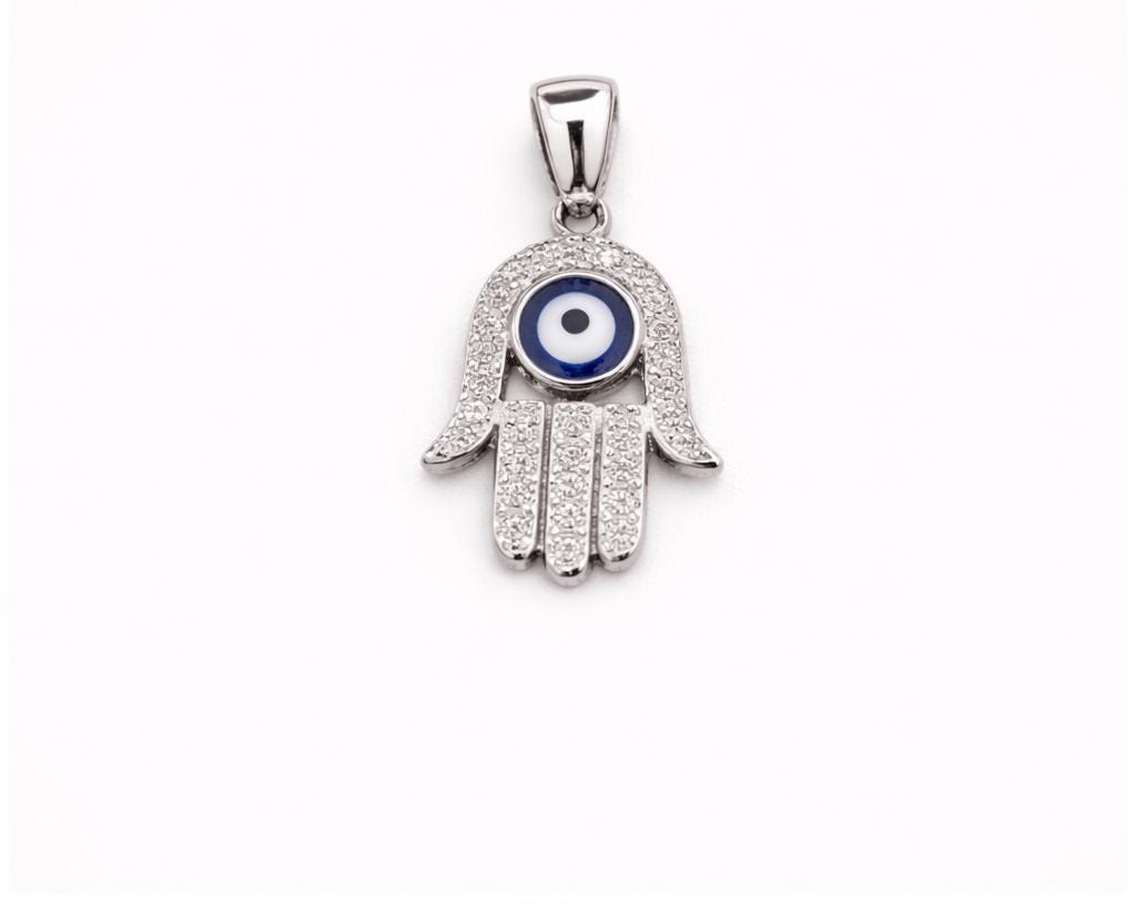 Silver Hamsa Pendant - Blue Evil Eye Necklace with Zirconia Charm, Protection Talisman