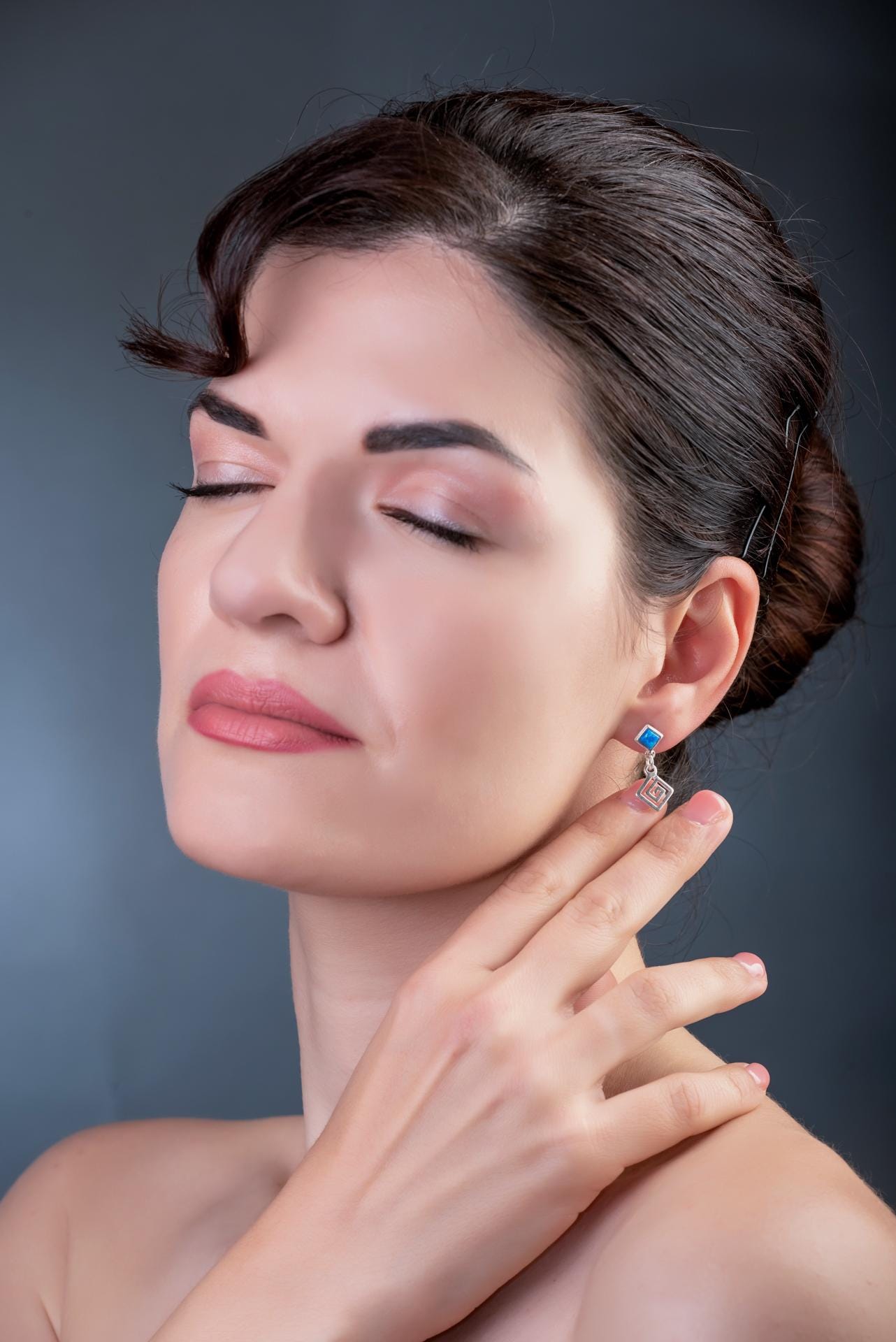 Blue Opal Greek Key Earrings: Sterling Silver Diamond Dangle, Handmade in Greece