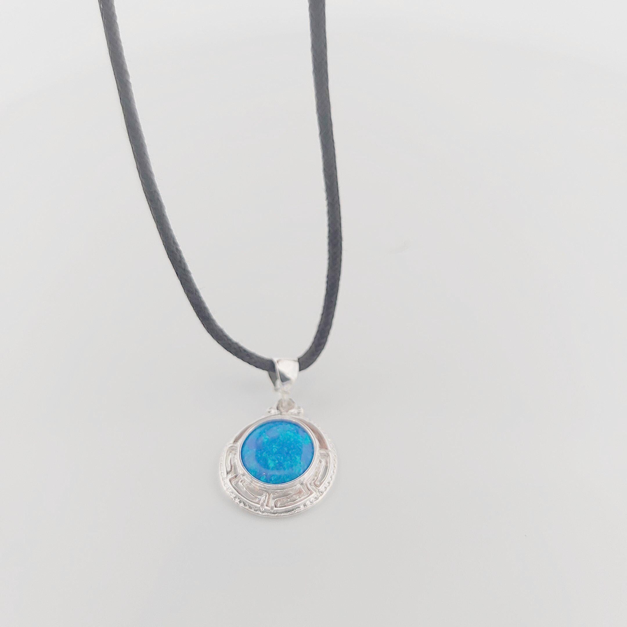 Blue Opal Silver Pendant: Greek Key Necklace