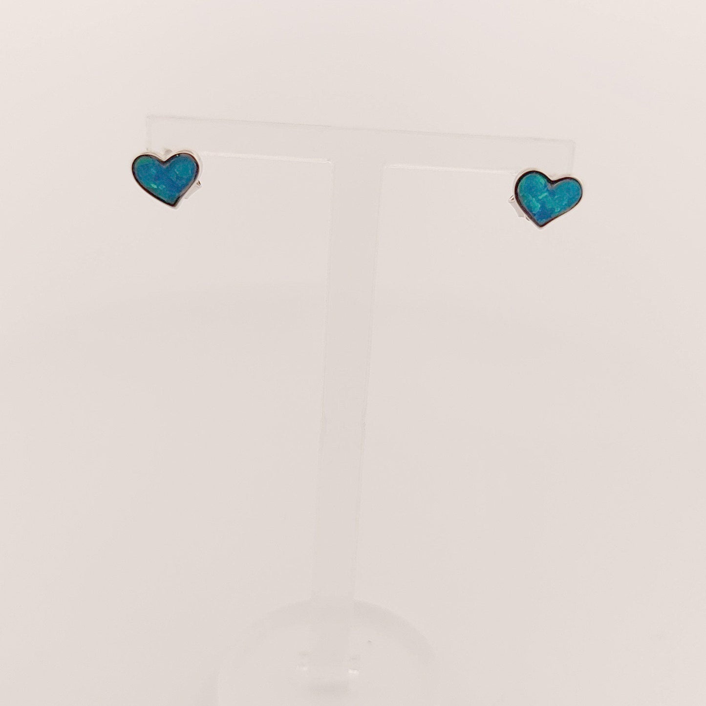 Blue Opal Heart Stud Earrings: Sterling Silver Greek Jewelry