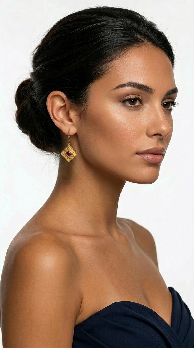 Gold Plated Earrings – Byzantine Style Textured Drop with Square Cut Gemstone
