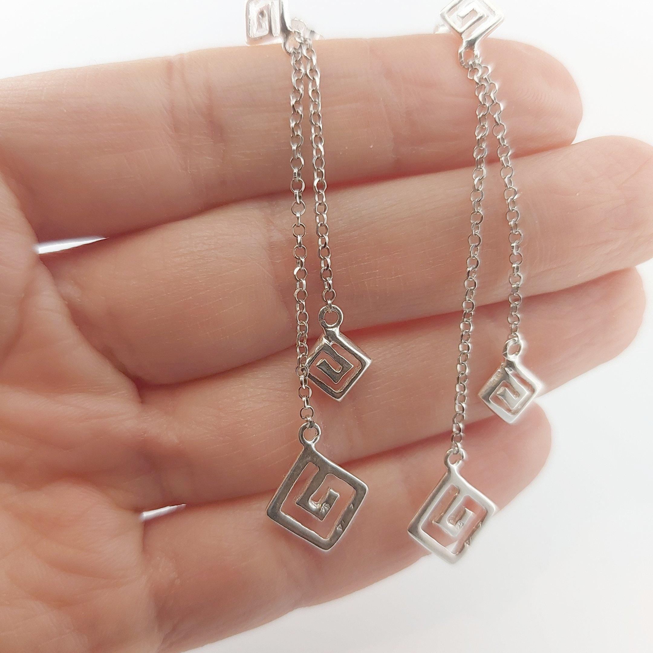 Sterling Silver Greek Key Dangle Earrings: Chain Drop Meander Design