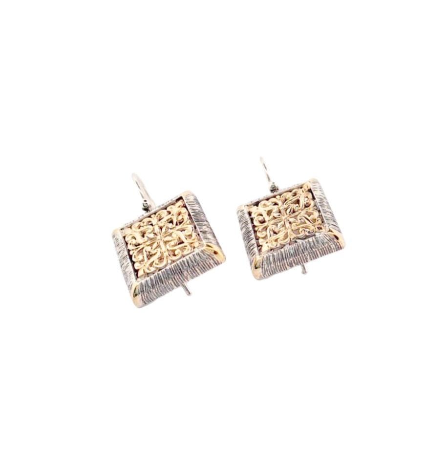 Byzantine Filigree Earrings – Two Tone Square Dangle Drops With Classic Hooks