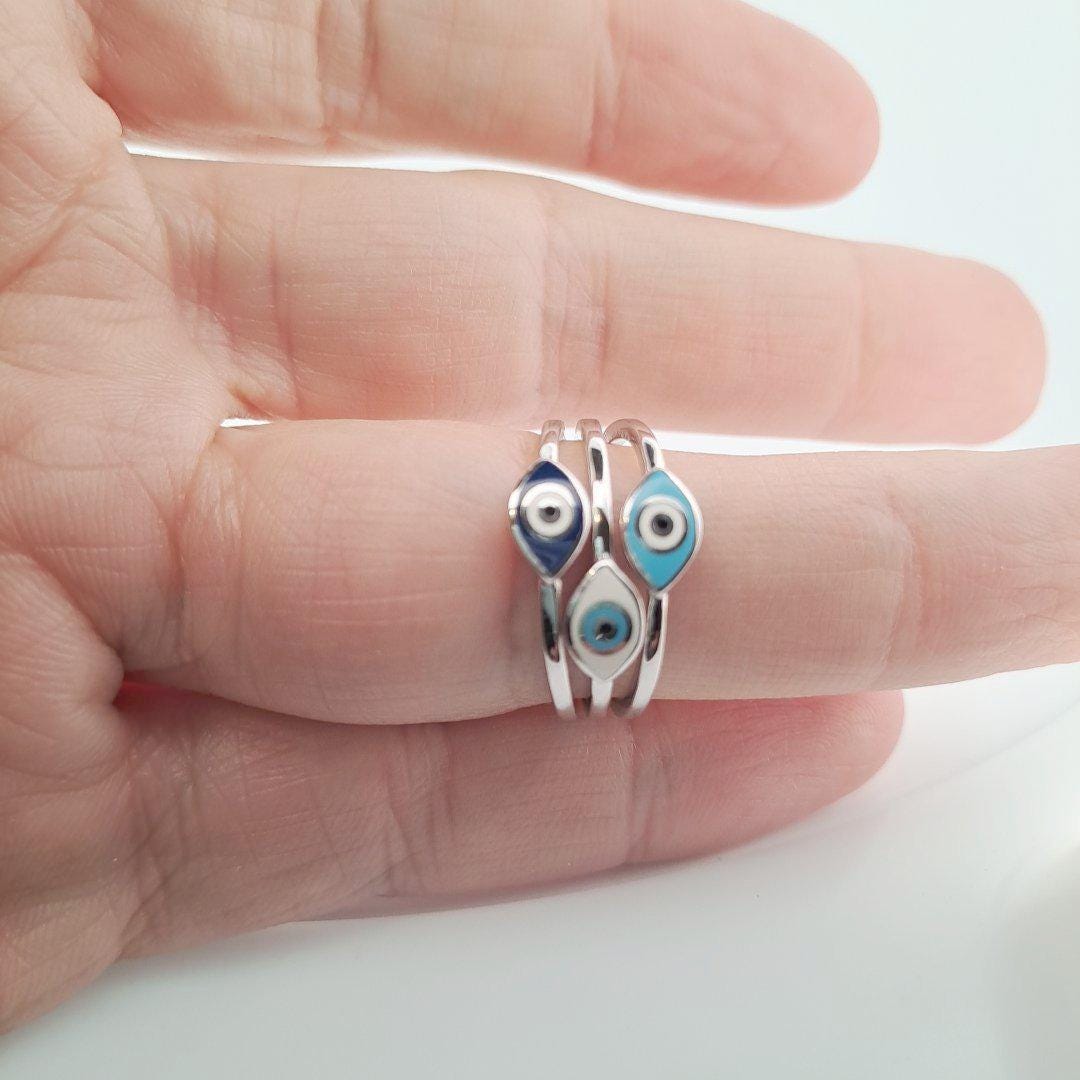 Silver Evil Eye Ring – Triple Band Stacked Multi Color Protective Jewelry