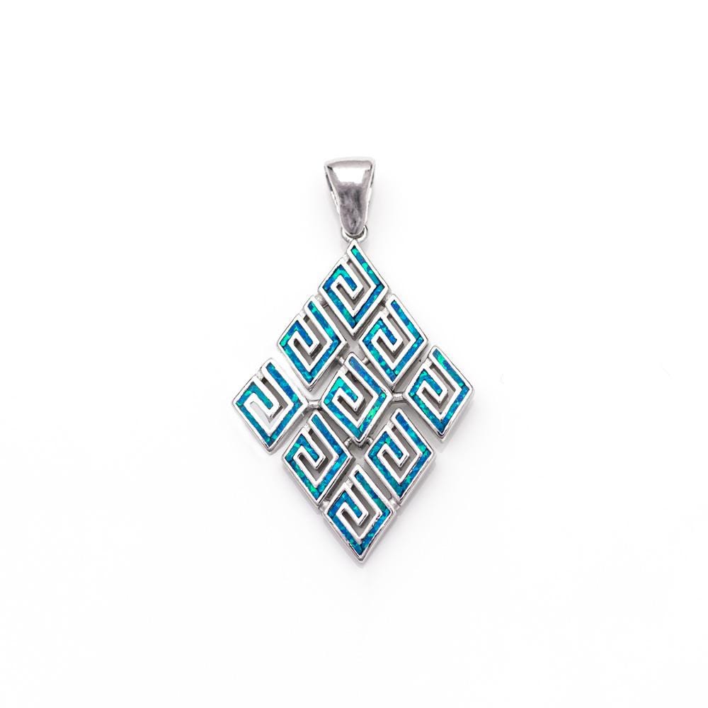Blue Opal Greek Key Pendant: Sterling Silver Rhombus Charm