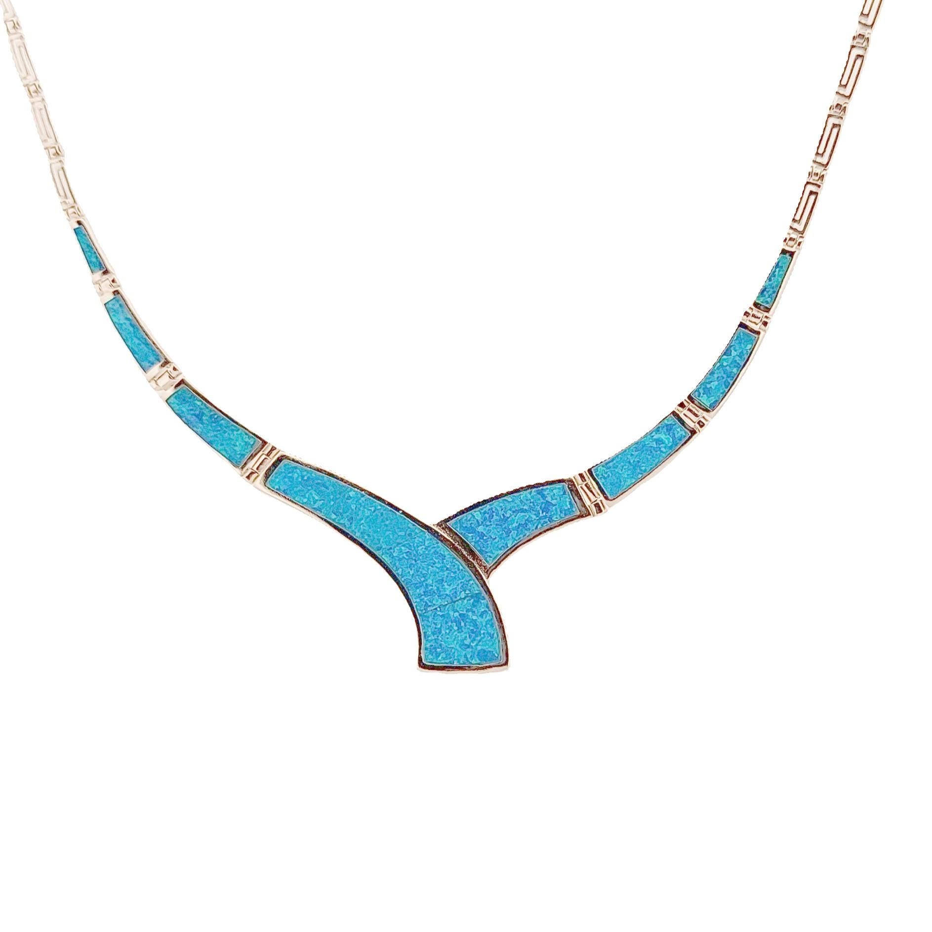 Sterling Silver 925 Blue Opal Collar Necklace, Greek-Inspired Design