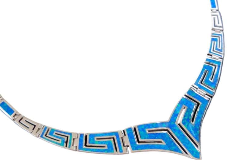 Sterling Silver Blue Opal Necklace, Greek Key V-Shape Meander Design