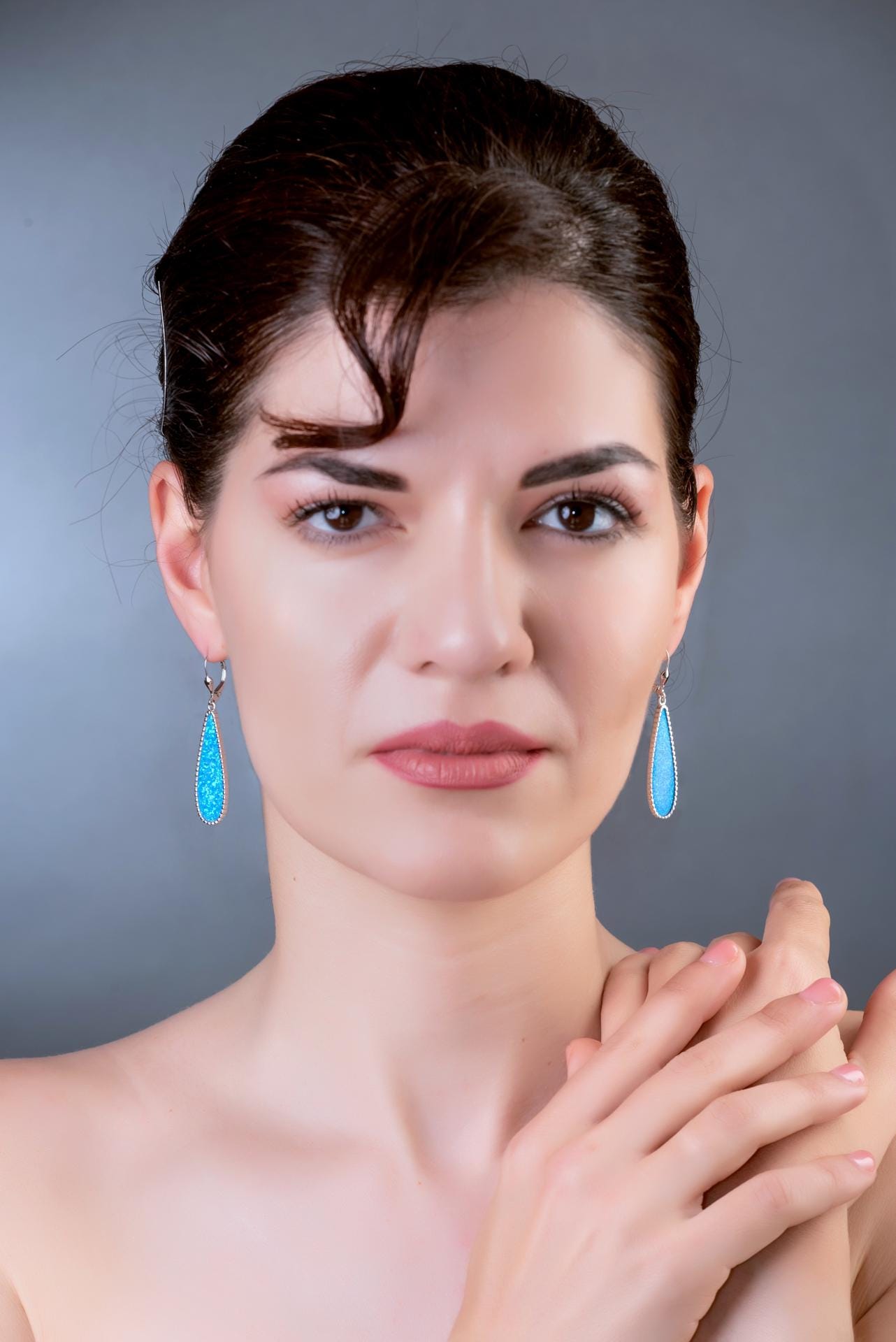 Sterling Silver Blue Opal Teardrop Earrings: Greek-Inspired Dangle