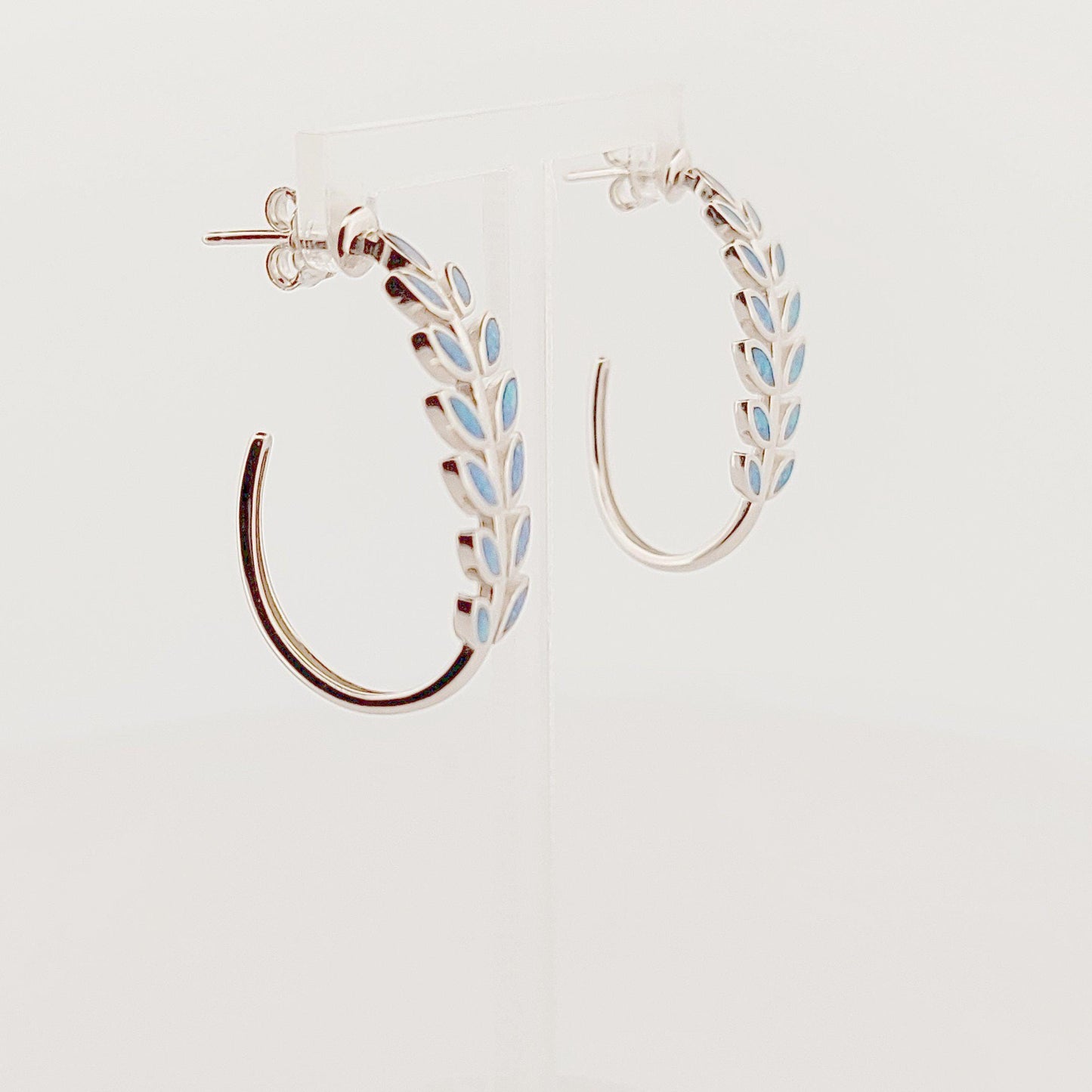 Opal Inlay Olive Leaf Hoop Earrings: 925 Sterling Silver, Greek Design