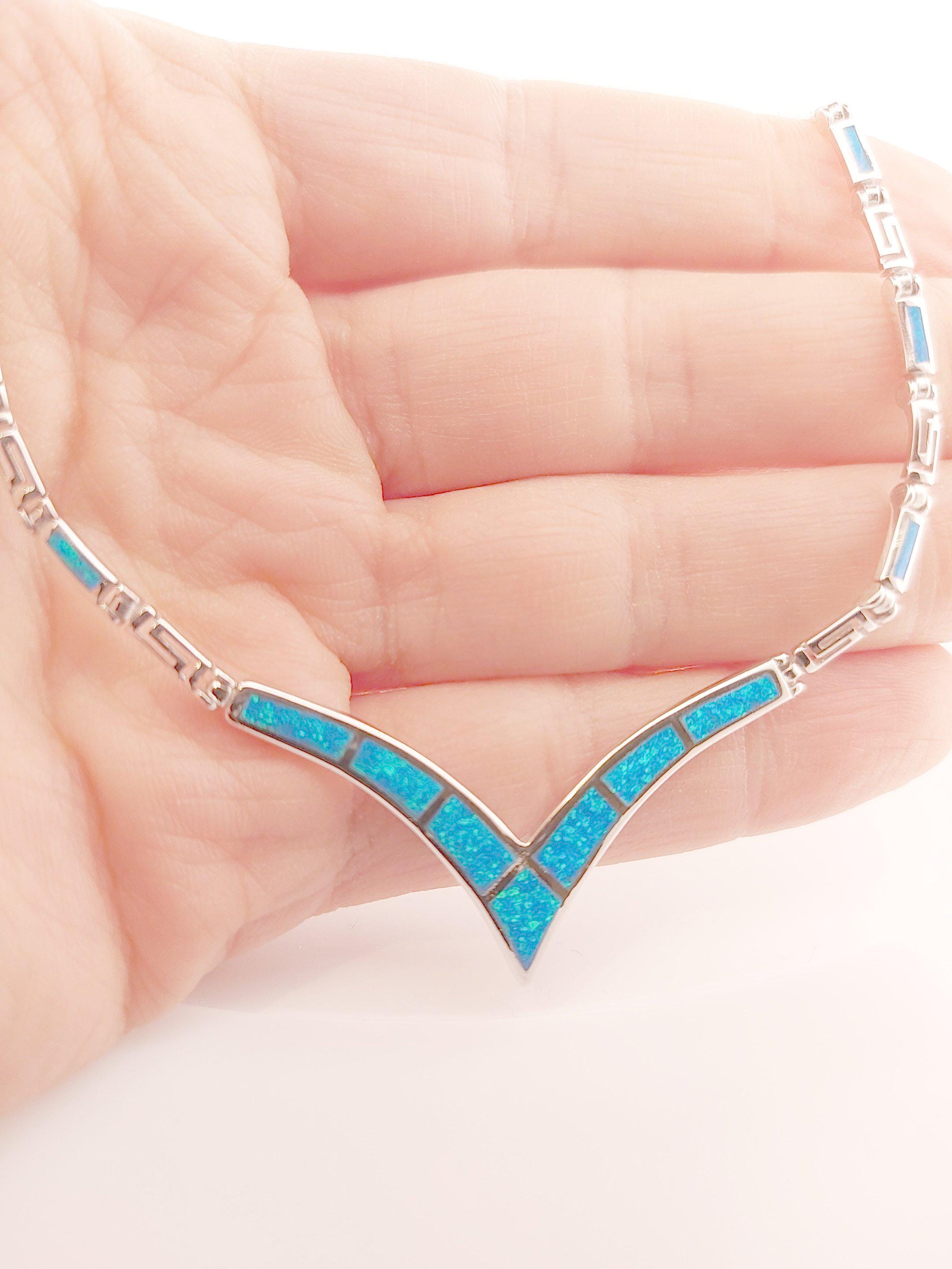 Sterling Silver 925 Blue Opal Necklace with Greek Key Meander Design
