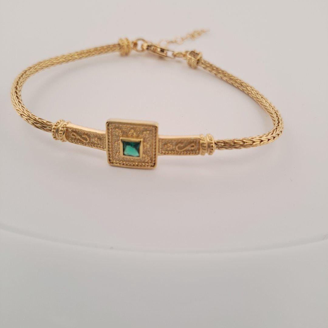 Byzantine Bracelet – Gold Plated Chain Sterling Silver Jewelry With Green Gemstone