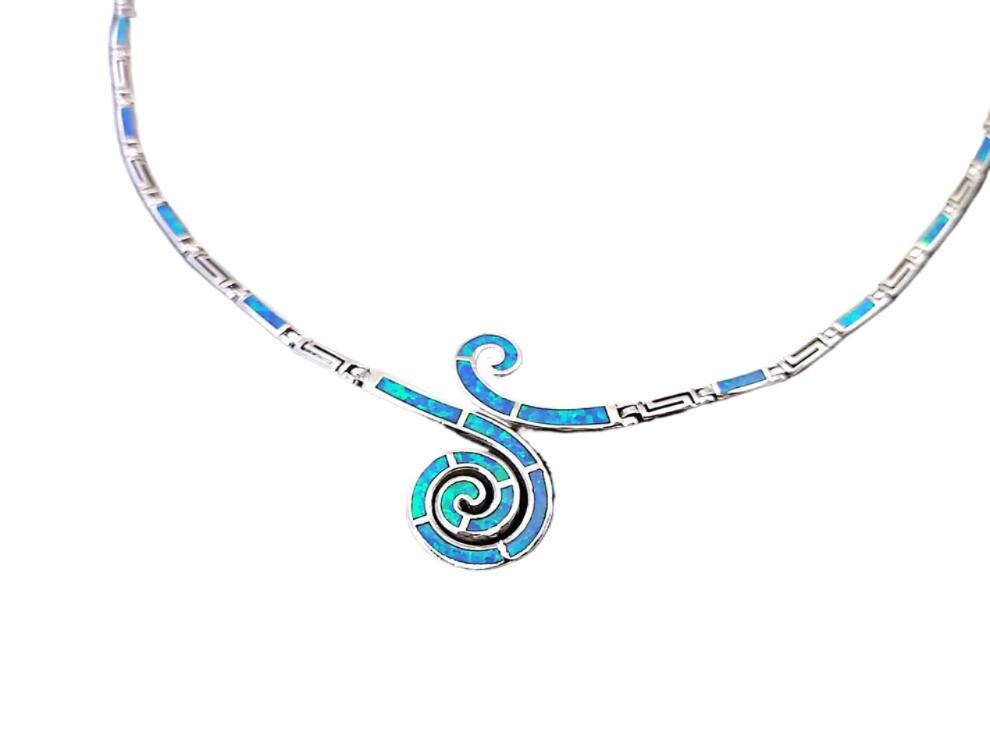 Blue Opal Sterling Silver Necklace, Spiral Meander Design
