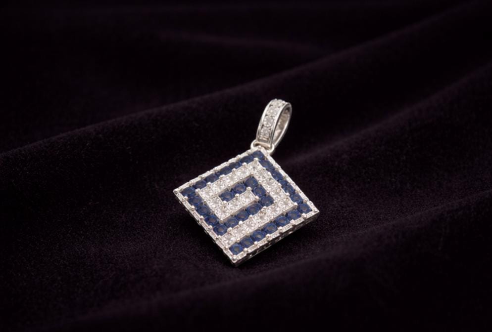Greek Key Pendant - Silver Meander Design Charm With Blue Zirconia Stones