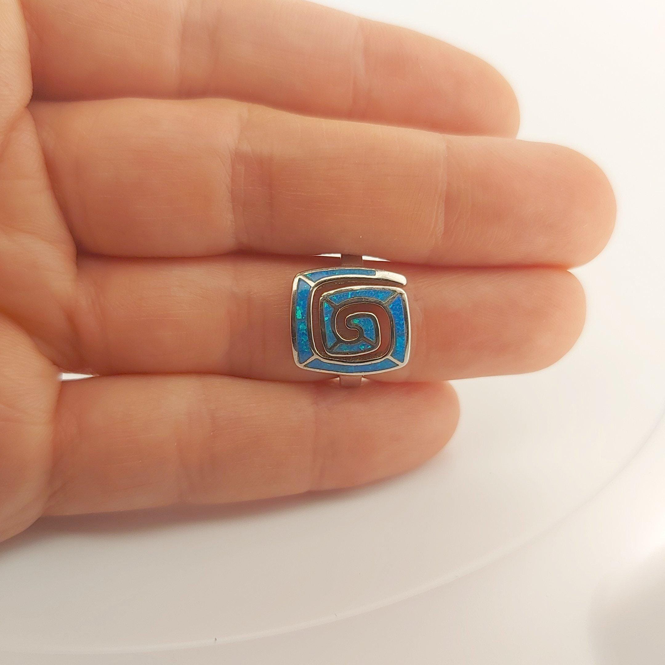 Sterling Silver Blue Opal Ring, Greek Key Meander Design, Rectangle Statement Ring