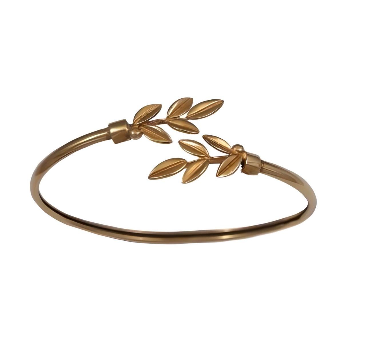 Olive Leaf Bracelet, Silver and Gold Plated Bangle, Greek Inspired Design, Leaf Motif