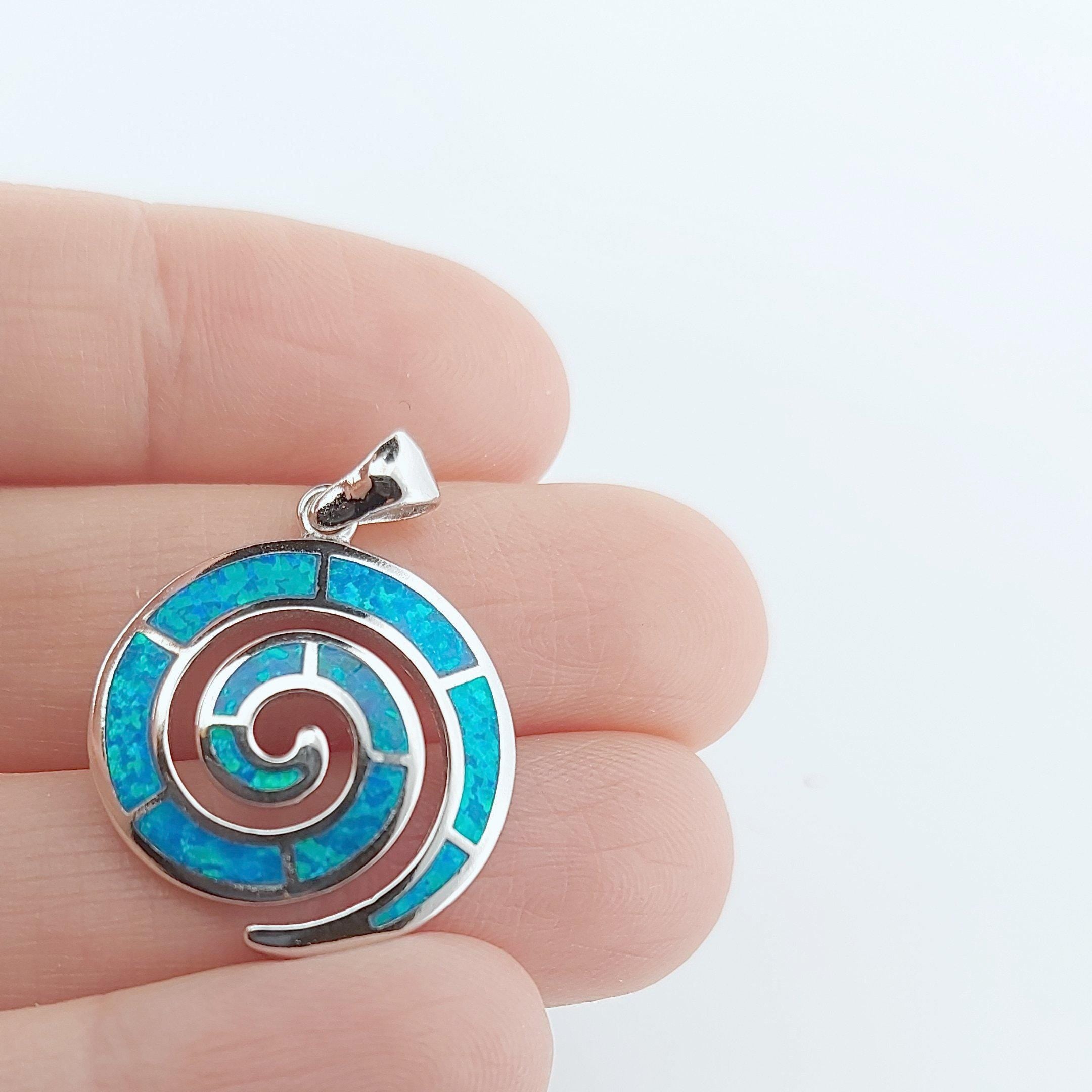 Sterling Silver Blue Opal Spiral Pendant: Greek Key Design