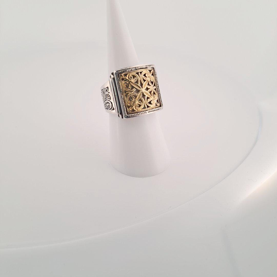 Byzantine Gold Ring - Ornate Filigree Square Cross Wide Band Silver Statement