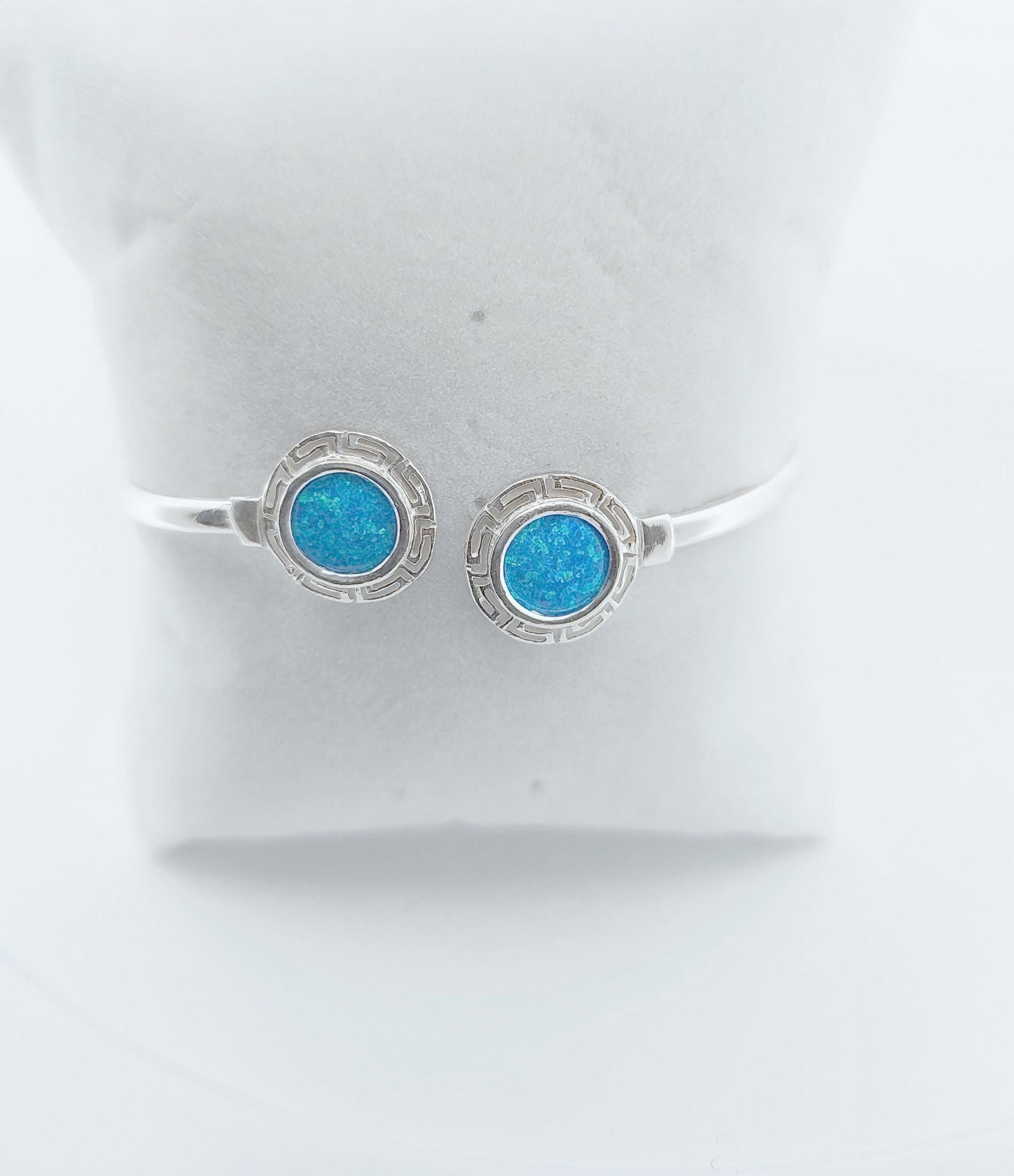 Blue Opal Silver Bangle Bracelet with Greek Key Design, Greek-Inspired Design