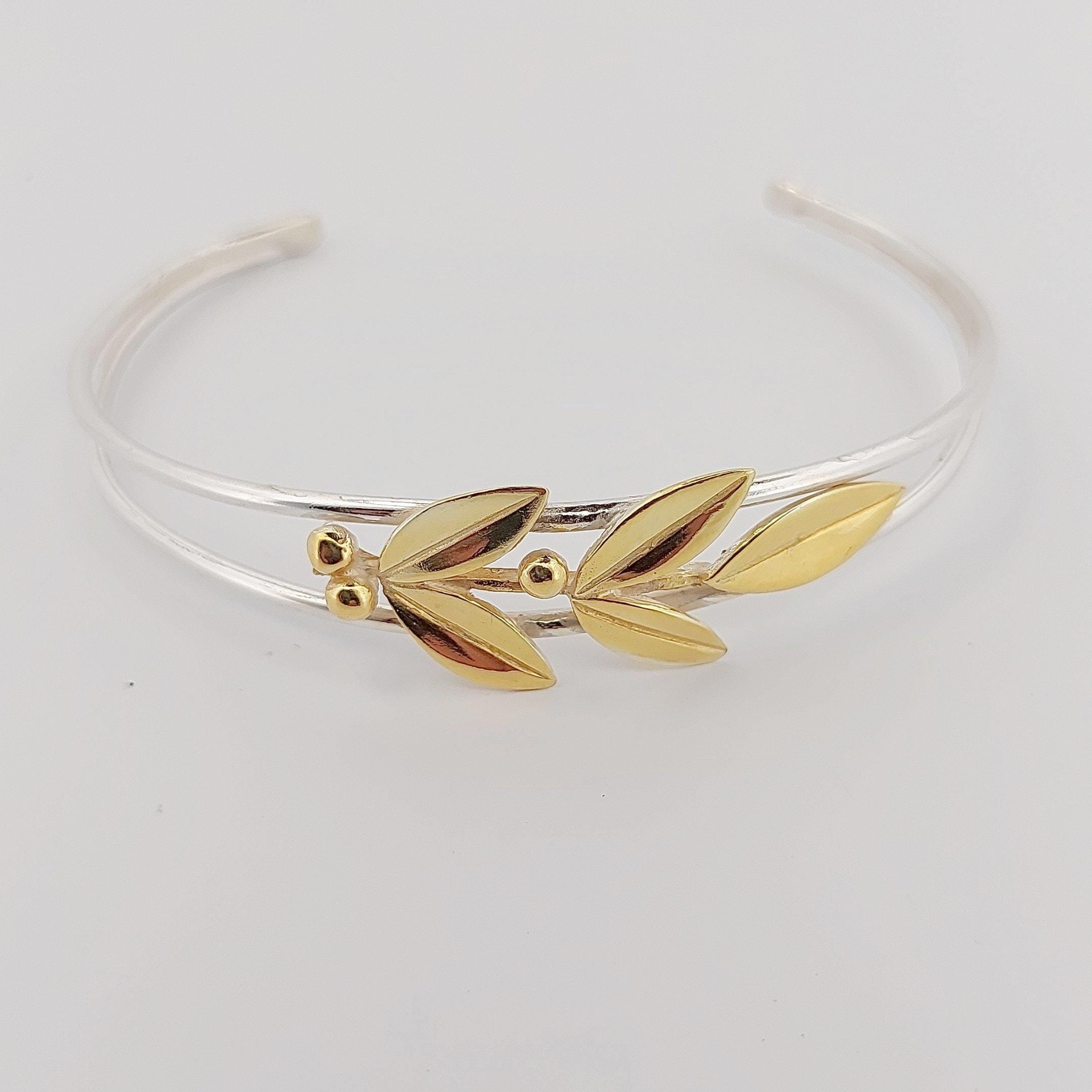 Olive Leaves Bracelet, Silver Dual-Band Cuff with Gold Plated Greek Design, Elegant Leaf Motif