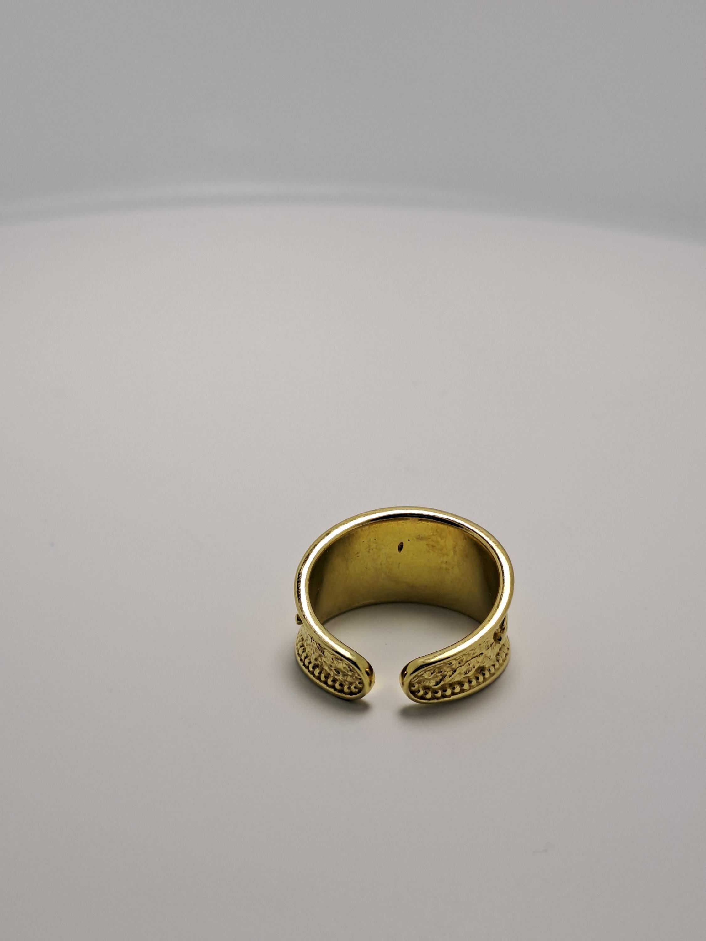 Byzantine Gold Ring – Adjustable Filigree Band With Red Zircon Stone & Green Accents