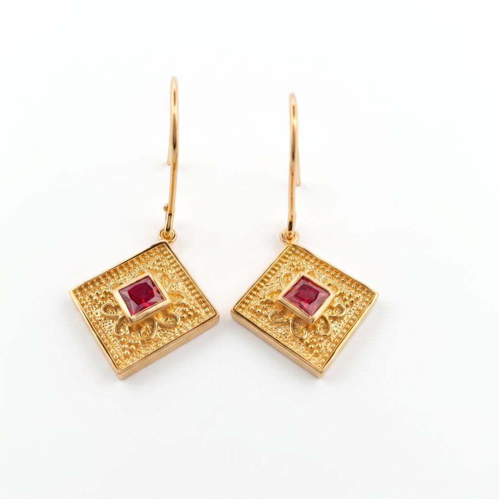 Gold Plated Earrings – Byzantine Style Textured Drop with Square Cut Gemstone