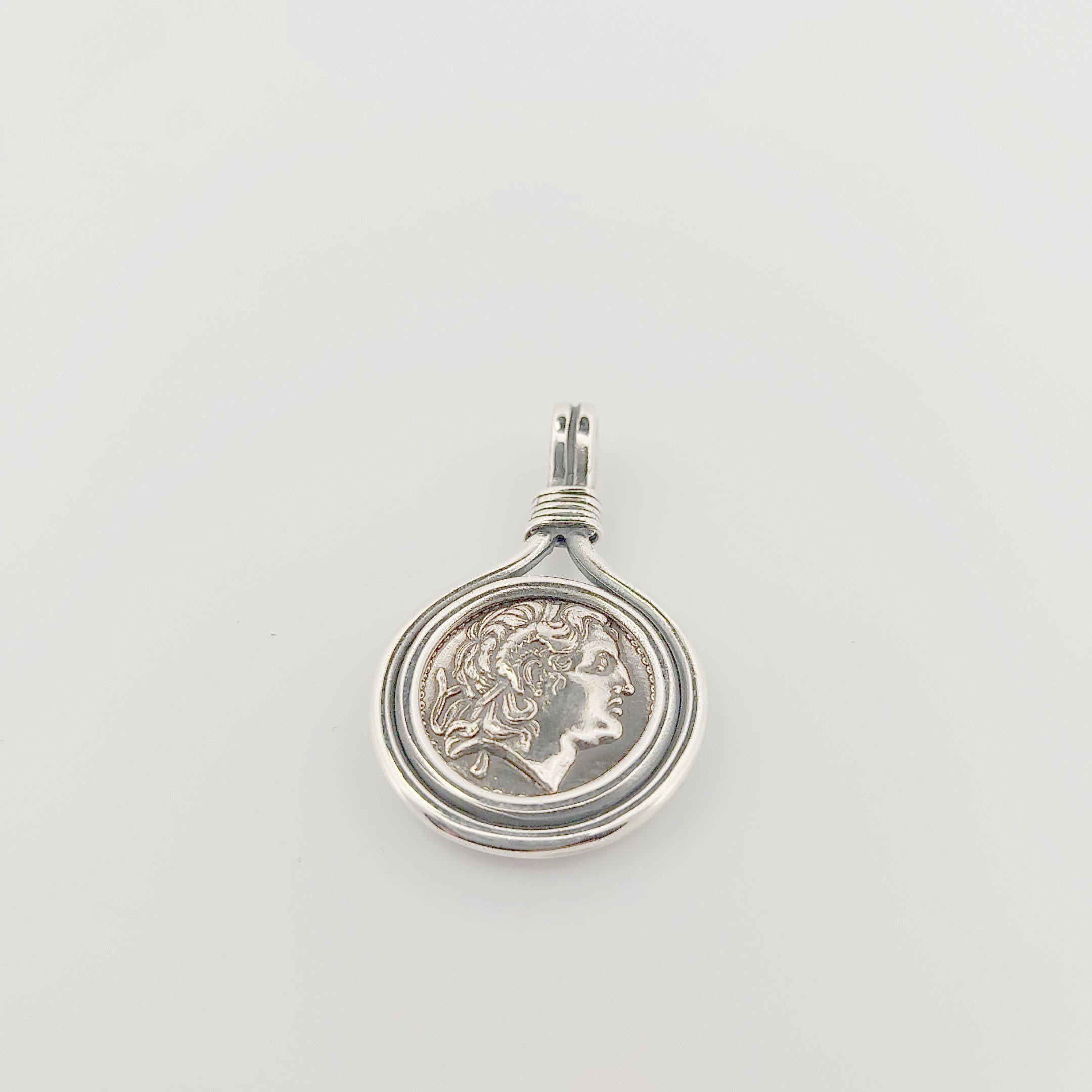 Alexander the Great Ancient Greek Silver Coin Pendant, Sterling Silver Frame Design