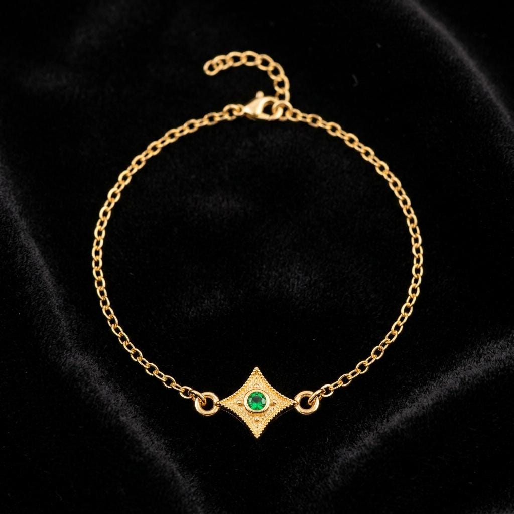 Byzantine Bracelet - Gold Plated Chain Sterling Silver Jewelry With Emerald Charm