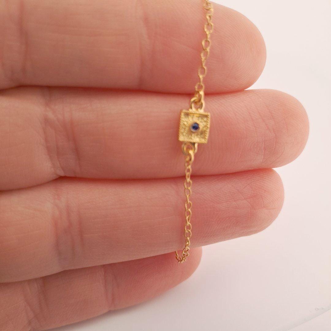 Gold Plated Bracelet – Sterling Silver Byzantine Design With Blue Gemstone Charm