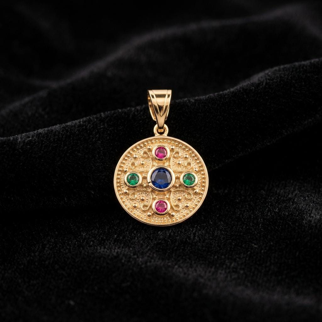 Gold Plated Pendant – Byzantine Vintage Gold Charm With Multicolor Gemstones