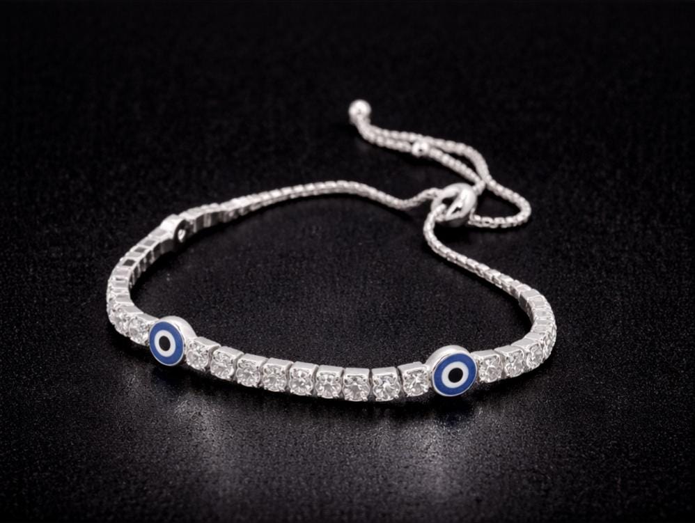 Silver Evil Eye Bracelet – Adjustable Charm Bangle with Zirconia Stones & Sliding Clasp