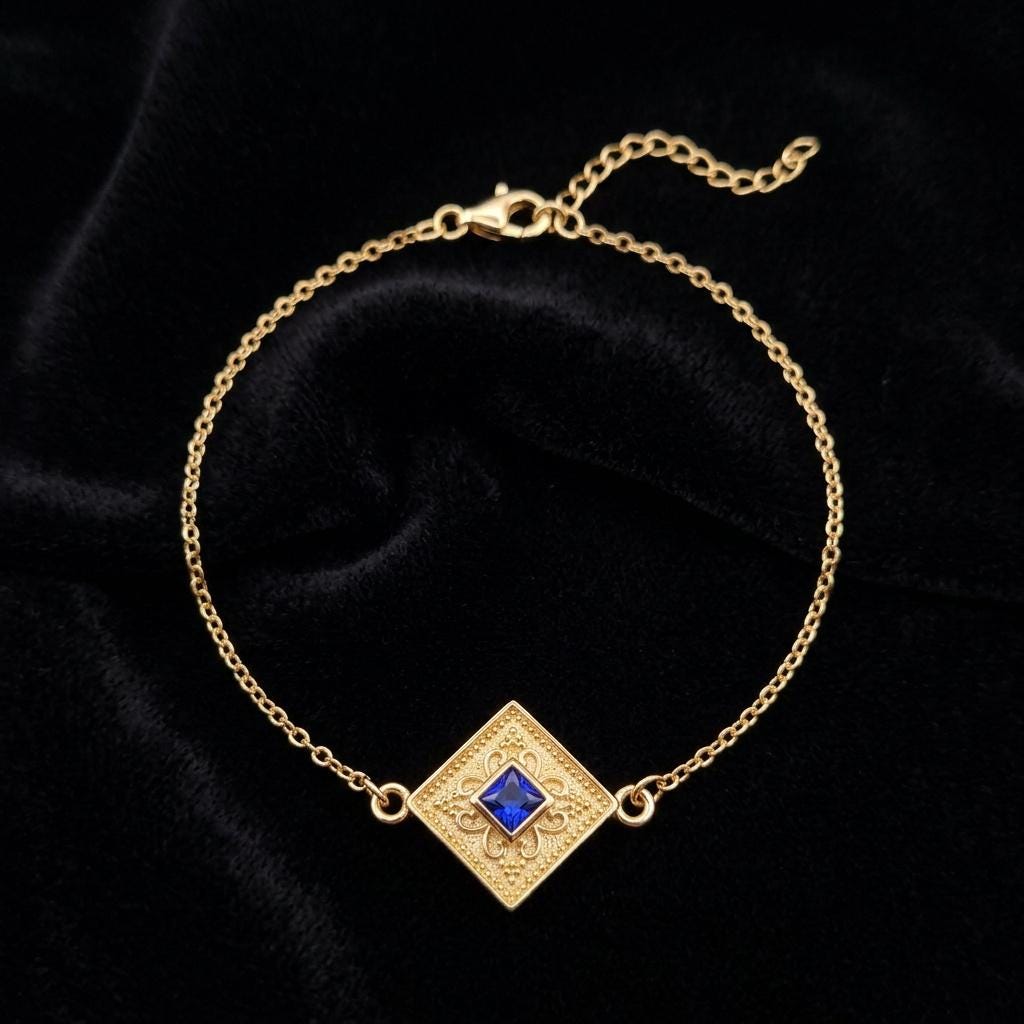 Gold Plated Bracelet – Sterling Silver Byzantine Style With Blue Gemstone Charm