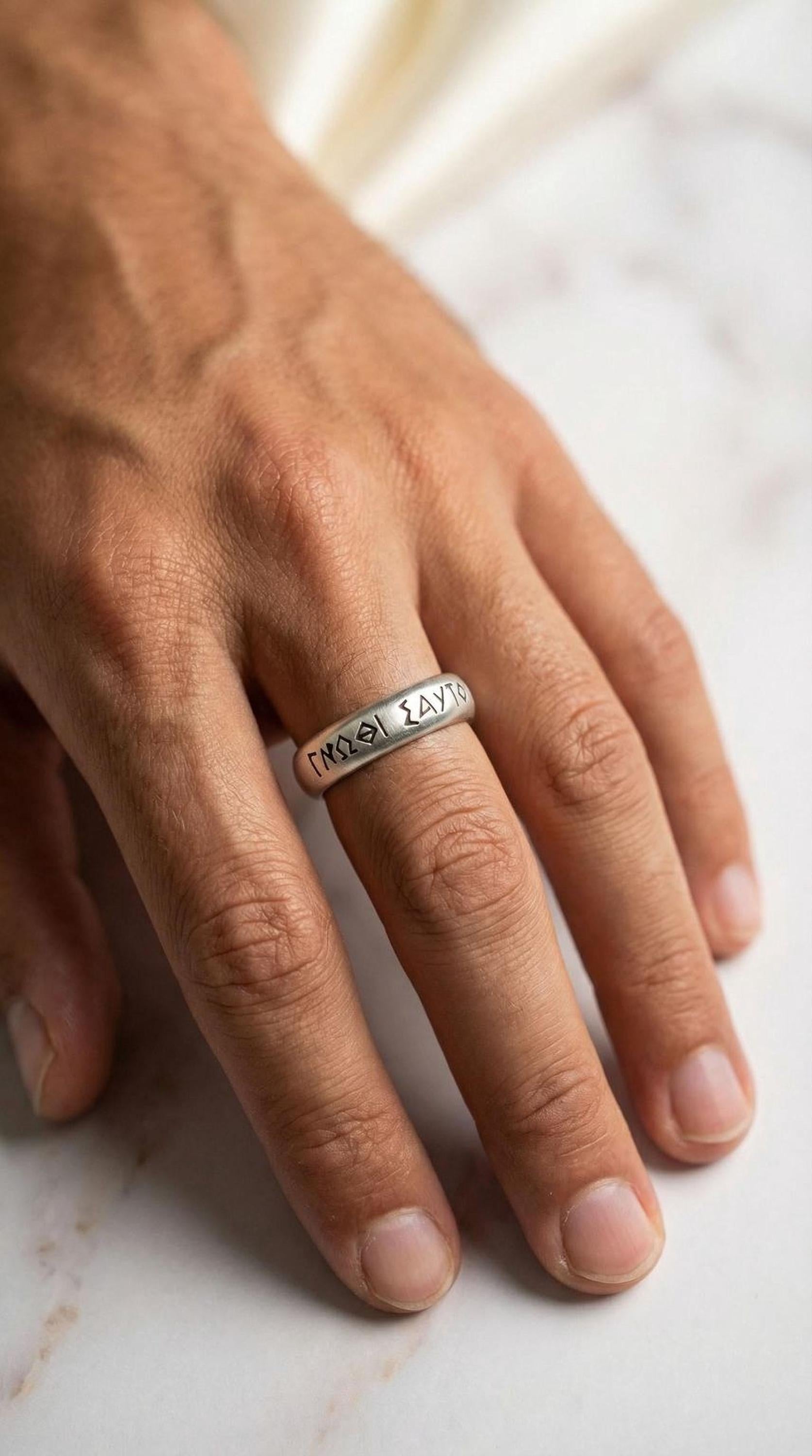 A close-up image of a person's hand wearing a ring with text engraved on it.