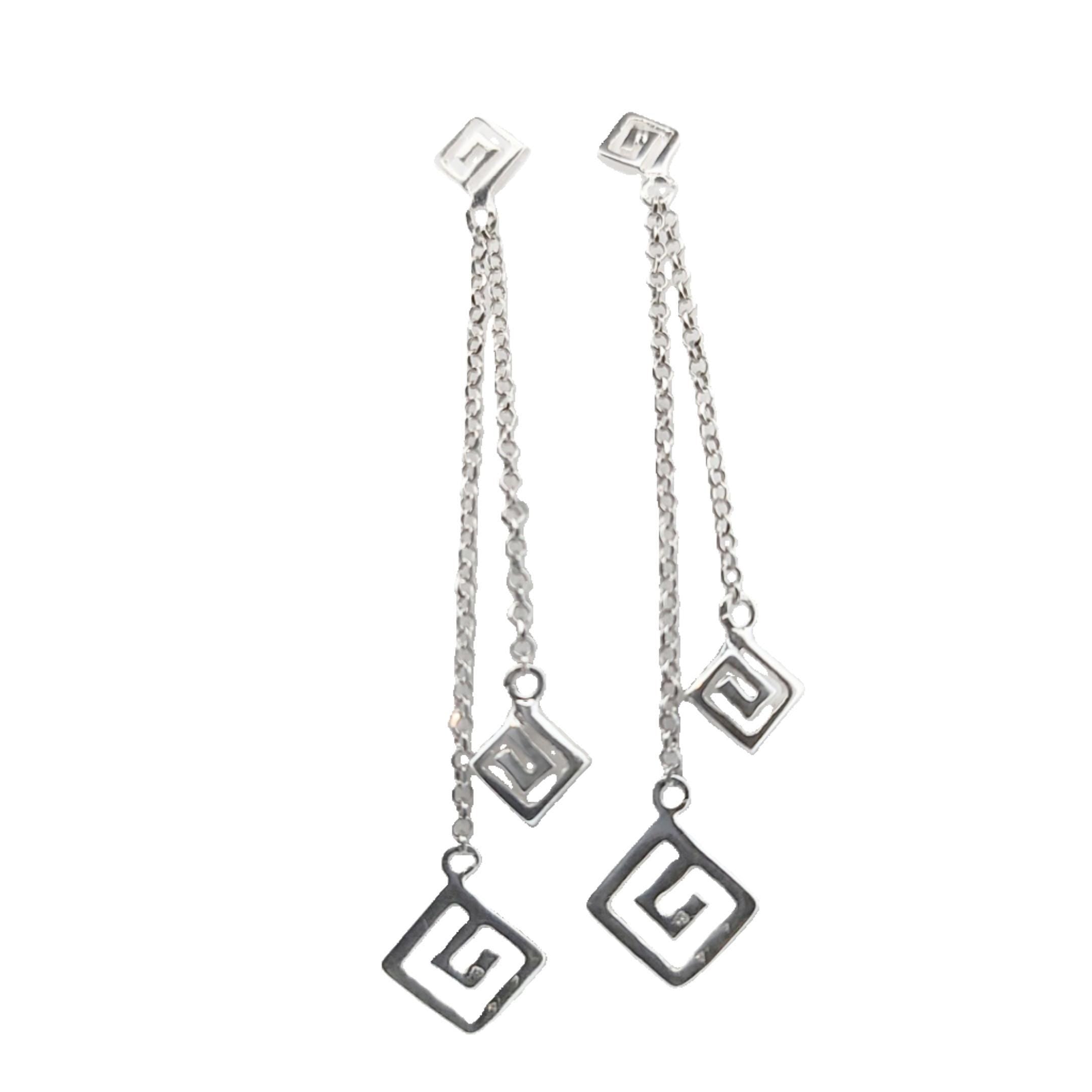 Sterling Silver Greek Key Dangle Earrings: Chain Drop Meander Design